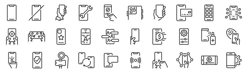 Set of 30 outline icons related to smartphone, phone. Linear icon collection. Editable stroke. Vector illustration