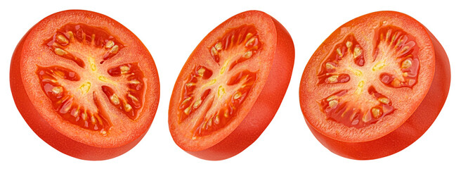 Tomato slices isolated on white background, full depth of field