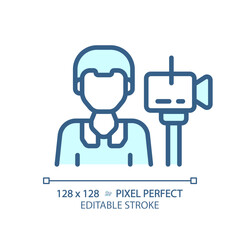 2D pixel perfect editable blue cameraman icon, isolated vector, thin line illustration representing journalism.