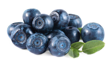 Delicious ripe bilberries and green leaves isolated on white