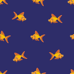 Cute gold fish in water, seamless pattern design. Aquarium goldfish, endless background, texture. Little tropical animal in sea, repeating print. Colored flat vector illustration for wallpaper, fabric