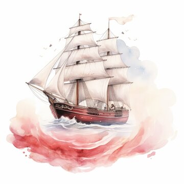Watercolor illustration fairy tale ship at sea with white sails on white background.