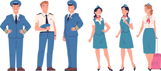 Airplane crew. Airline staff, aircraft commander airplane pilot or attendant flight captain stewardess aviation team uniform workers aviators occupation, classy vector illustration © ssstocker