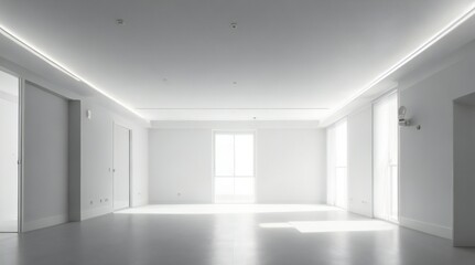 empty white room, hall with walls and windows, background 