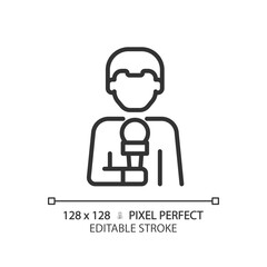 2D pixel perfect editable black news reporter icon, isolated vector, thin line illustration representing journalism.