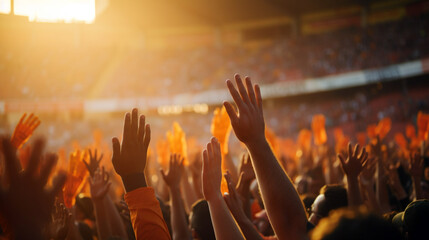 a large crowd of people with their hands up at the stadium close-up. Generative Ai
