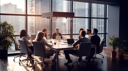 Obraz na płótnie Canvas teamwork. a group of businessmen at a round table in a modern office at sunset. Generative Ai