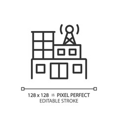2D pixel perfect editable black radio station building icon, isolated vector, thin line illustration representing journalism.