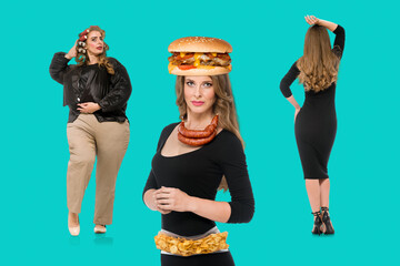 Composite photo of young woman before and after refuse of junk food, Side-by-side comparison...