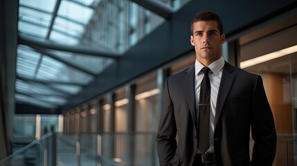 Model in a sophisticated business attire, set in a modern corporate building