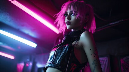 Fototapeta na wymiar Model in edgy punk fashion, set in an underground club