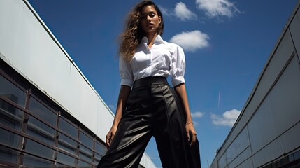 Model striking a confident pose in a high-fashion ensemble against a minimalist urban setting