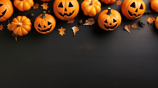 Contemporary Halloween backdrop adorned with pumpkins, bats, and decor elements, suitable for a Halloween party invitation card mockup. Presented as a flat lay with a top-down view and room for text
