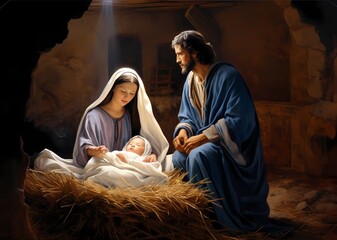 Krippendarstellung Weihnachten mit Maria, Josef und Christkind, Geburt Jesu, erstellt mit generativer KI	