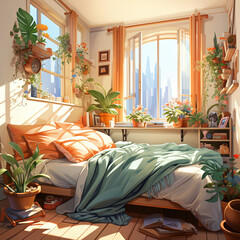 Cartoon-style bedroom illustration with plants and flowers, home decoration, drawing room, bed,...