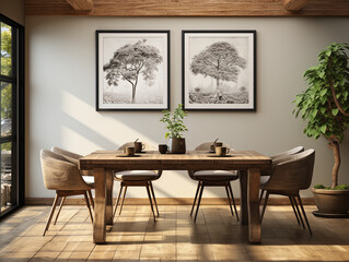 Beautiful Wooden Dining Table with Wooden Frames and a Potted Plant, Eco-Living Room Interior Design Mockup Canvas Frame