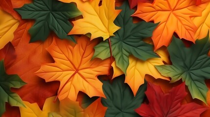 bright background with autumn maple leaves in green, orange and yellow colors, AI generated