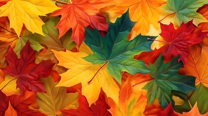 bright background with autumn maple leaves in green, orange and yellow colors, AI generated