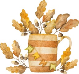 Autumn kettle cartoon house with oak leaves, mushrooms and acorns watercolor painting. Fall teapot...