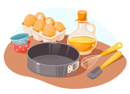 Products and kitchen tools for cooking baking recipes. Baking Ingredients. Cartoon vector illustration
