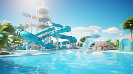 Summer aqua park pool with thrilling slides, inviting splashy fun in the sun - obrazy, fototapety, plakaty