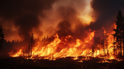 Massive wildfire aggressively consuming forest, nature's power on destructive display