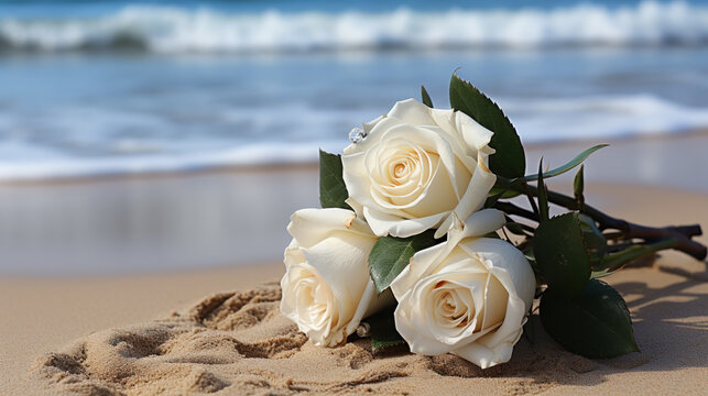 Wedding invitation photo featuring pristine white roses on a serene beach backdrop