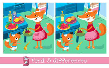 Obraz premium Find 8 hidden differences. Educational game for children. Puzzle game in cartoon style. Friendly family of foxes in the kitchen. Funny cartoon characters. Vector illustration.