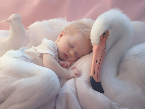 A cute beautiful baby sleeps in bed with a stork