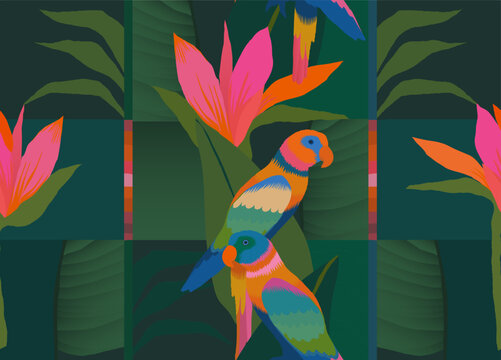 Abstract tropical pattern with parrots. Colorful botanical collage contemporary seamless pattern. Hand drawn unique print.