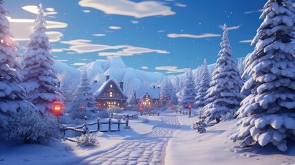 Village beautiful of christmas and winter theme decor christmas tree and snow. Generative Ai