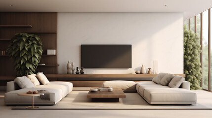 Fototapeta premium Minimalist luxury home or hotel interior design of modern living room. Ai generative.