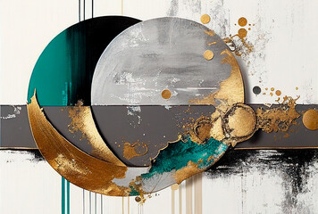 Splashes of bright paint on the canvas.Gold, black, blue and gray colors. Interior painting. Beautiful background. Generative AI.