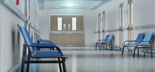 Long white hospital corridor with rooms and seats 3D rendering. Empty accident and emergency interior with bright lights lighting the hall from the ceiling