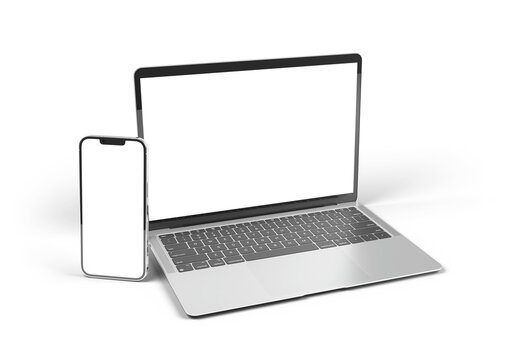 PARIS - France - March 15, 2023: Newly released Apple Macbook Air and Iphone 14, Silver color. Side view. 3d rendering laptop mockup on white background