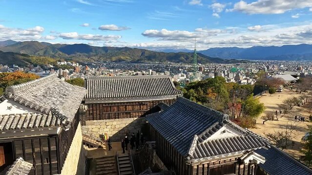 View from the castle towers ont the yard an roofs of Matsuyama Castle, Shikoku, Ehime, Japan. Beautiful blue sky