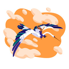 Woman sleep, move on stork in dream concept. People flying in fantastic sky, unreal flight in clouds, person flying in the night, at imagination. Flat isolated vector illustration on white background