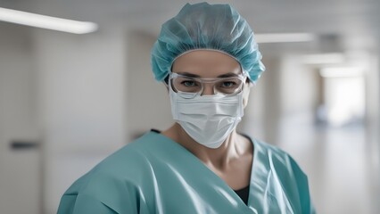 portrait of a female doctor ,surgeon wearing mask and surgery cap  Ready for surgery