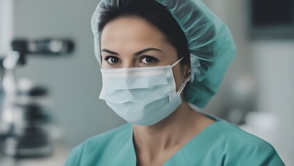 portrait of a female doctor ,surgeon wearing mask and surgery cap  Ready for surgery