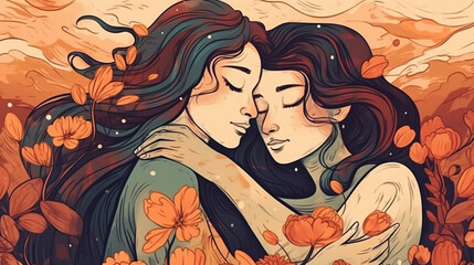 two women hugging each other cartoon style