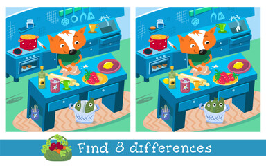 Find 8 hidden differences. Educational game for children. Puzzle game in cartoon style. Father fox cooking pie in kitchen. Funny cartoon character. Vector illustration.