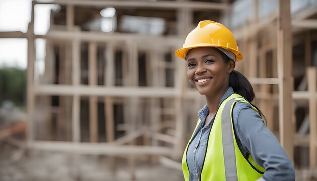 Photo of a women construction worker smiling at construction site
