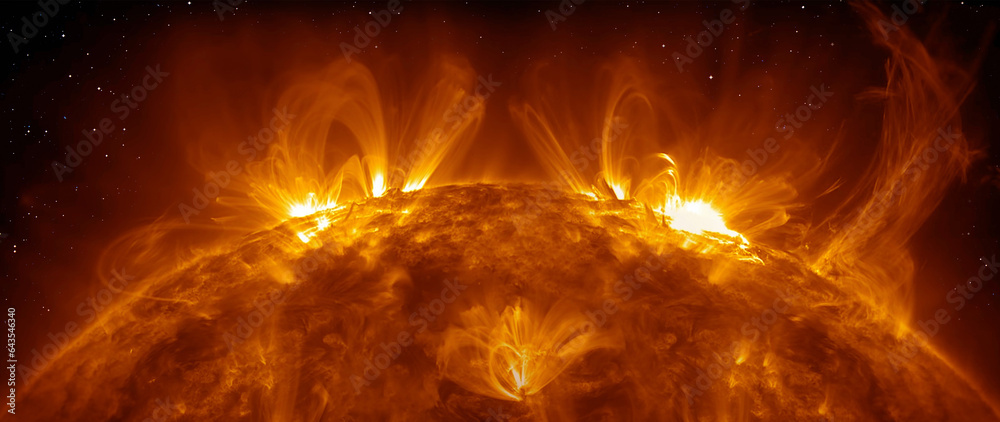 Poster our star with magnetic storms. plasma flash on the surface of a our star 
