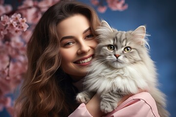Young woman holding her pet cat - Pet love and companionship - AI Generated