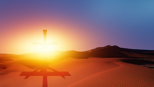 Jesus Christ on the cross over desert sunset background.