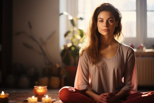 Young woman meditating in her living room, early morning light coming in - Meditation and wellness - AI Generated