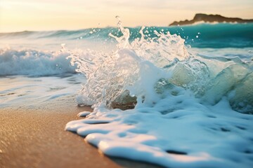 Naklejka premium waves crashing on the shore, ideal for text overlay - Oceanic Calm - AI Generated