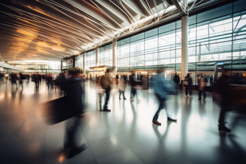 Airport Terminal with People in Motion, Fast Moving Motion Blur, Soft Focus - Global Transit - AI Generated