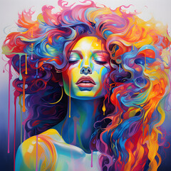 Portrait of a Woman with Makeup, Woman Watercolor Style, Rainbow color, Colorful Illustration, Girl in Dye Art, Make-up - AI Generative