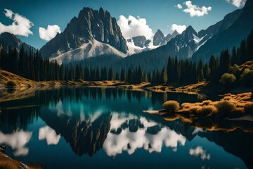 Fototapeta na wymiar A serene mountain landscape with a reflective lake, surrounded by picturesque mountains and trees, illustrating nature's serene beauty. High quality photo 